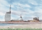 Preview: Postkarte DIN-A6  Aquarell Kunst Druck Kunstdruck Bremerhaven Strandansicht Atlantic Hotel und Klimahaus - BHV5